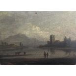 18th century oil on panel, figures before a lake, 11.5 x 16.5cm