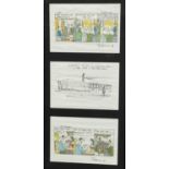 Tony Husband, three signed original cartoons, each approximately 21 x 28cm, framed as one