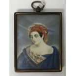 Early 19th century watercolour portrait miniature on ivory, half length depiction of a woman in turb