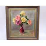 J. Kennedy Scott, contemporary, oil on board - still life, 'Roses in a ruby vase', initialled,v26cm