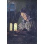 Frederick Marriott (1860-1941) oil on board - seated figure by lamp light entitled Evening, togethe