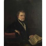 English School, circa 1830, half length portrait of a Gentleman seated before an organ with music ma