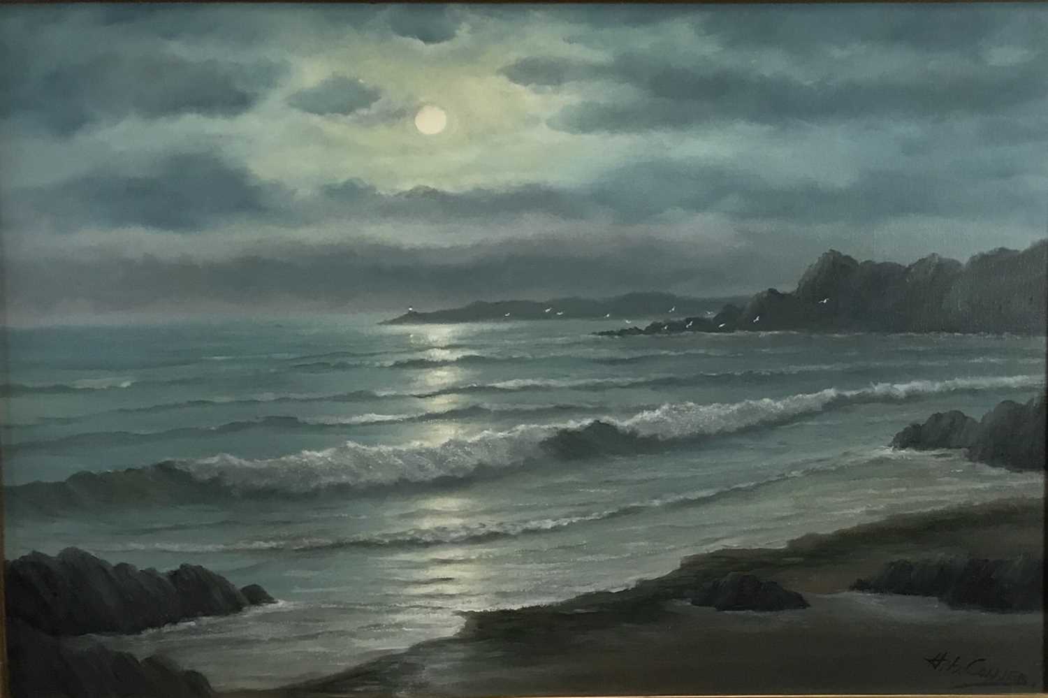 Collier, 20th century, oil on canvas - Moonrise, Cornwall, signed, in gilt frame