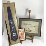 Group of Chinese pictures and prints to include a embroided silk panel, set of cut paper pictures, p