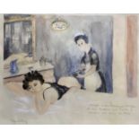 Mid 20th century French School watercolour - a maid and mistress with an enema, indistinctly signed