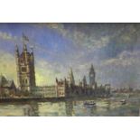 Charles Brooker (20th century) oil on board - Houses of Parliament from the Thames