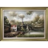 20th century, Continental School, oil on canvas - Dutch River landscape in gilt frame