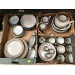 Three boxes of Denby style stoneware dinner service including tea pot, cups and bowls 61 pieces