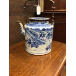 19th century chinese blue and white porcelain teapot of large size, brass handle and mounts, charact