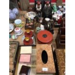Mixed group of decorative items to include lacquer box, blackamoor book ends, shagreen boxes and sun