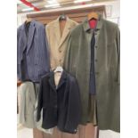 Collection of vintage and other clothing to include a black hunting coat, leather riding boots, fur