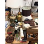Three various table lamps, Bakelite desk stand, collectors plates and sundry items