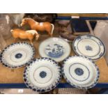 Two 18th century Chinese blue and white porcelain plates, together with three blue and white tin gla
