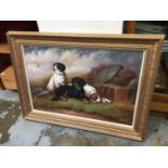 Large gilt framed oil painting of three dogs, in the style of Landseer
