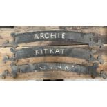 Three antique cast iron stable door name plaques of arched form