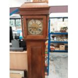 Antique oak longcase clock with brass and silvered dial, signed Smith, Ipswich, pendulum present