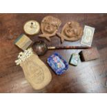 Group of mixed items to include enamel dish and matchbox cover, pair of carved cherub mounts, miniat