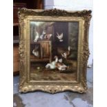 Gilt framed painting of birds and a rabbit, 49.5cm x 39.5cm, 67.5cm x 57.5cm inc. frame