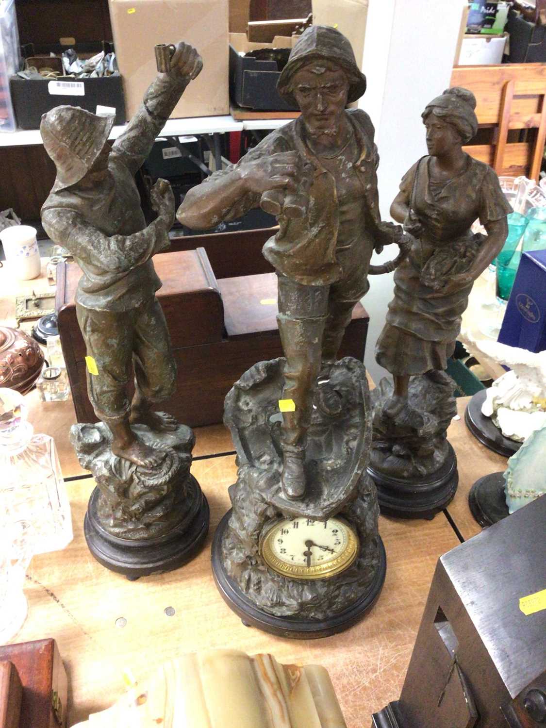 Large early 20th century spelter clock and garniture