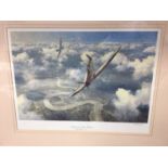 Geoff Hunt signed aviation print of Spitfires together with three antique crutches (4)