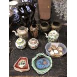 Quantity of antique oriental items, including Chinese carved wooden figure, pair of bronze vases, fa