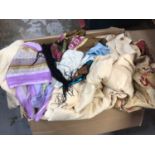Box of textiles, including curtain fabrics, scarves, tablecloths, Chinese embroidery, etc, together