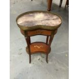 French kidney shape two tier table with brass galleried marble top, drawer and floral marquetry inla