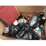 Box of cameras and lenses