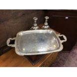 Silver plated two handled tray it's engraved foliate decoration and gadrooned borders, together with