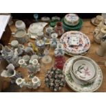Mixed group of antique and other china to include figural candlesticks, green leaf plates etc