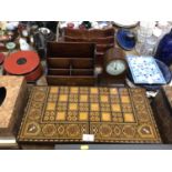 Decorative inlaid backgammon box and accessories, inlaid stationary rack, another and an Edwardian i