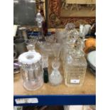 19th century glass lustre, cut glass decanters and other glass