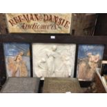 Early 20th century painted plaster triptych depicting figures, in wooden frame