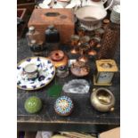 Sundry items, to include a brass carriage clock, paperweights, jewellery box, hip flasks, etc