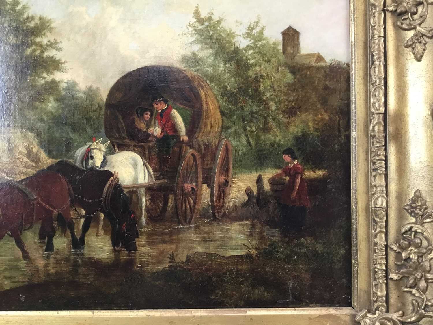 Thomas Smythe - oil on canvas - horse drawn wagon crossing stream - Image 6 of 7