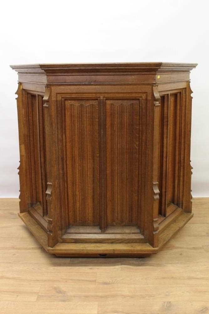 Unusual Gothic oak armchair utilising a pulpit (from Great Clacton church, circa 1920) recently upho - Image 8 of 9