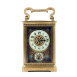 19th century French enamelled carriage clock with subsidiary alarm dial, striking on a bell, in case