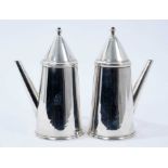 Pair George V silver cafe au lait pots of tapering cylindrical form, with engraved armorial crests,