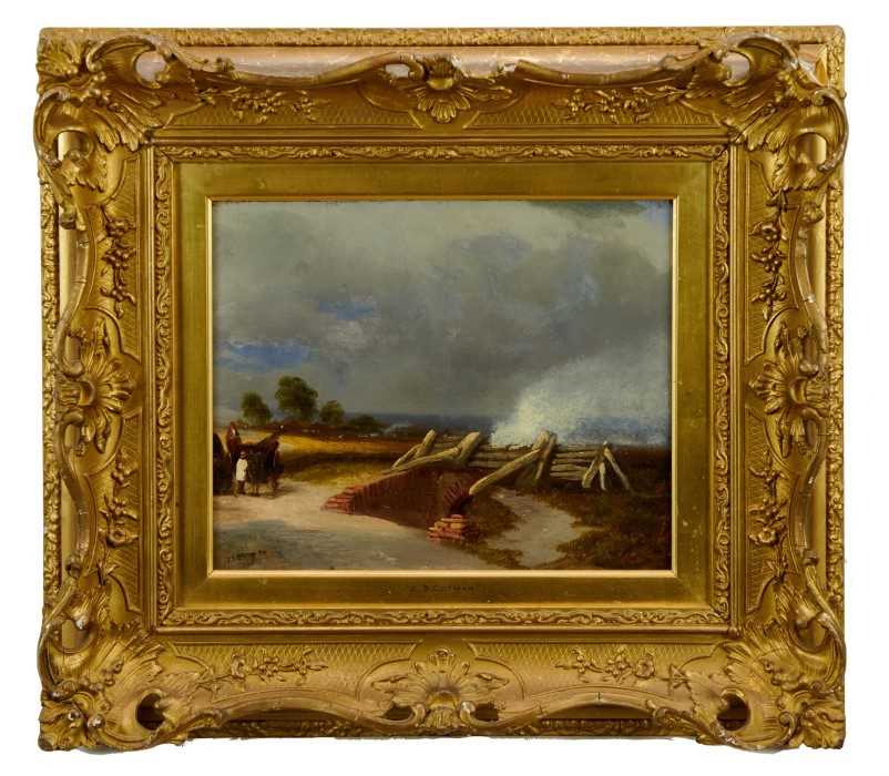 John Sell Cotman 1782 - 1842 A landscape with rustic figures by a bridge, oil on canvas, signed,