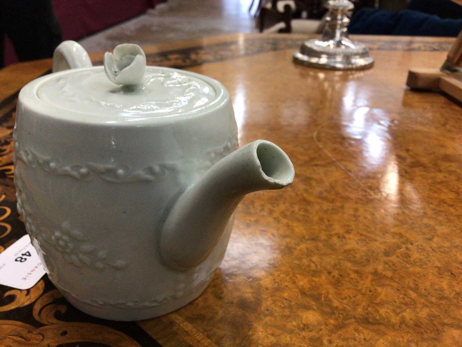 Worcester white-glazed teapot, circa 1760, of barrel form, decorated in relief with a Chinese fishin - Image 4 of 8