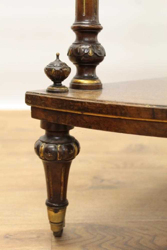 Good quality Victorian inlaid burr walnut veneered and parcel gilt bow front four tier corner whatno - Image 7 of 7