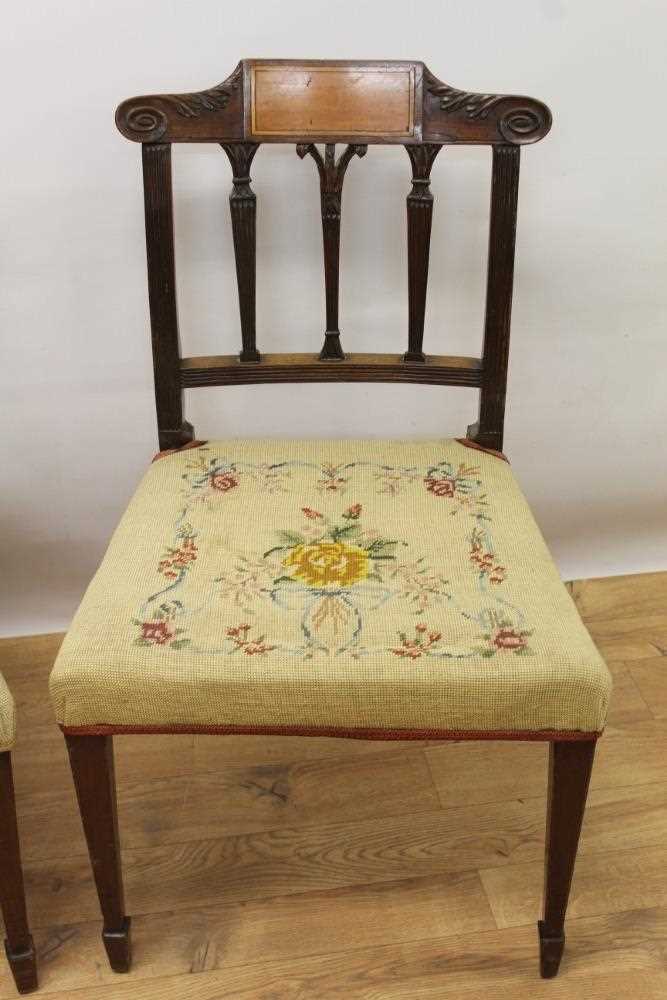 Pair of late 18th century Sheraton inlaid mahogany dining chairs, with shaped scroll top rail above - Image 3 of 5