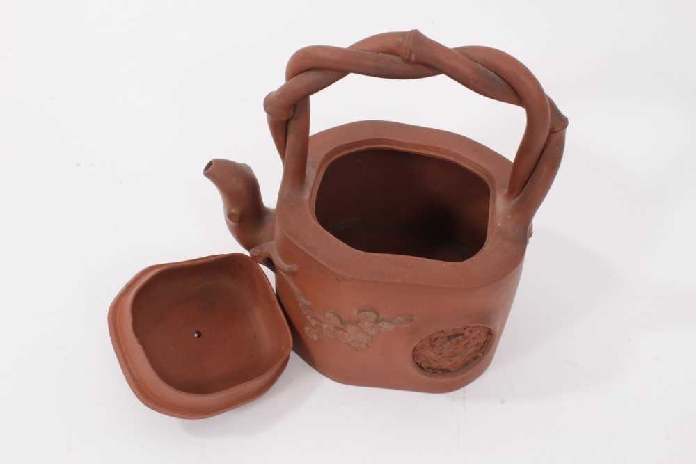 Two interesting Chinese terracotta teapots, one depicting lotus leaf with frog and snail - Image 8 of 16