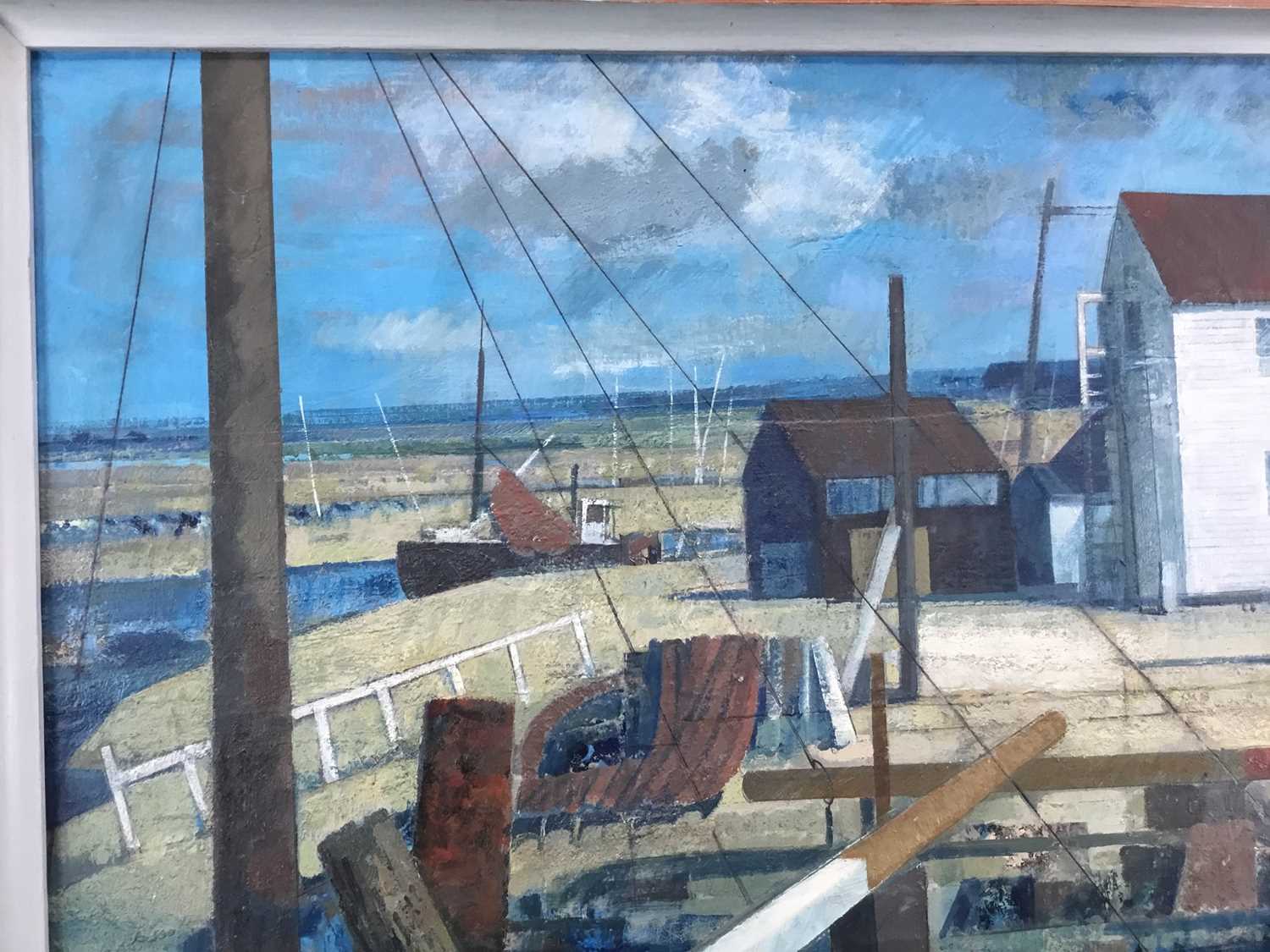 Henry Collins (1910-1994) oil and collage on board, Tollesbury harbour scene, signed and dated ‘87 - Image 6 of 19