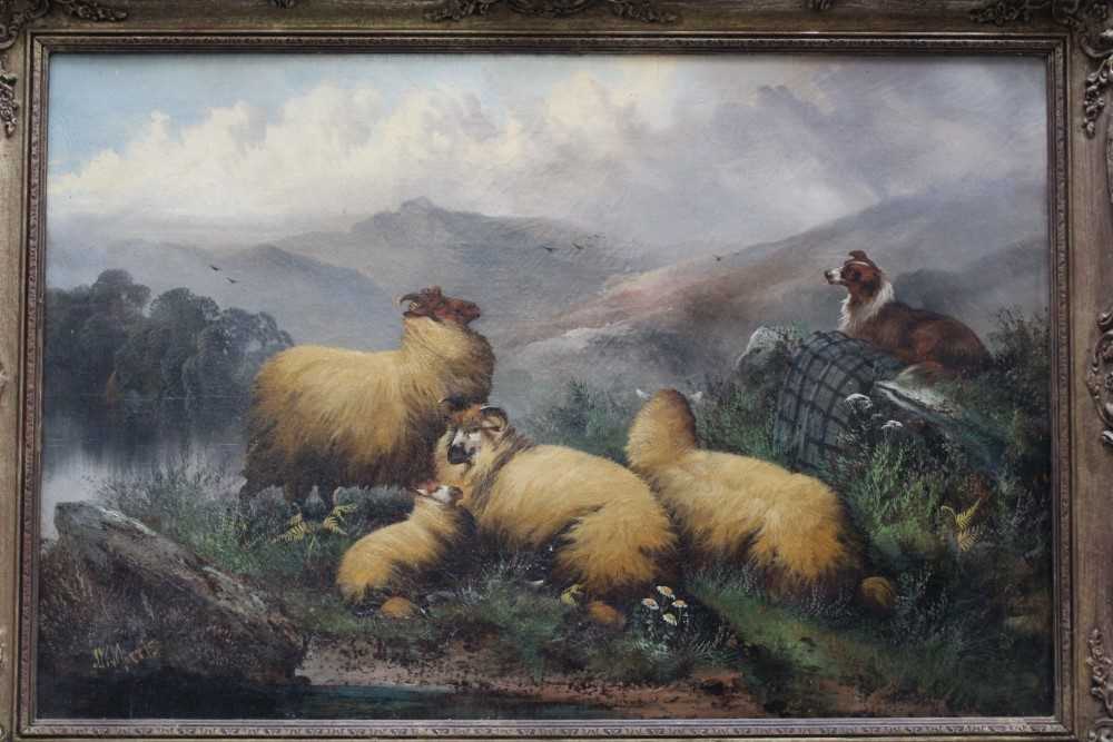 John W. Morris 1865 - 1924 A hilly landscape with a sheep dog guarding sheep, oil on canvas, sig