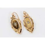 Pair of Victorian gold and seed pearl pendant earrings, each suspending an oval plaque, rope twist a