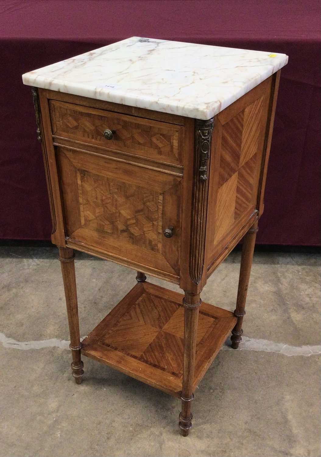 Early 20th century French parquetry bedside cupboard with marble top and unusual ceramic liner fitte