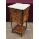 Early 20th century French parquetry bedside cupboard with marble top and unusual ceramic liner fitte