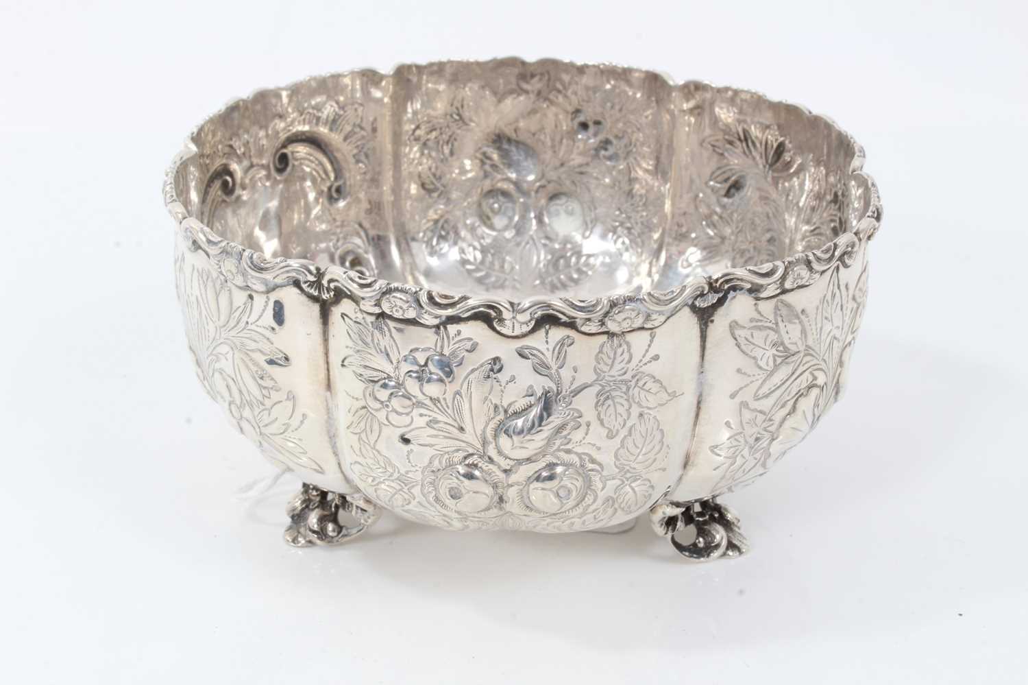 Victorian silver sugar bowl with embossed foliate panels, on scroll feet - Image 2 of 4