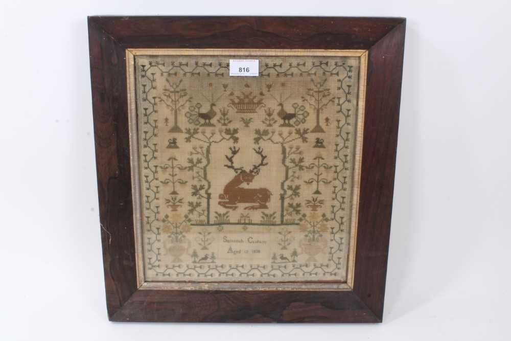 Early Victorian sampler by Susannah Canham Aged 13 1838, depicting a stag and flora, another dated 1